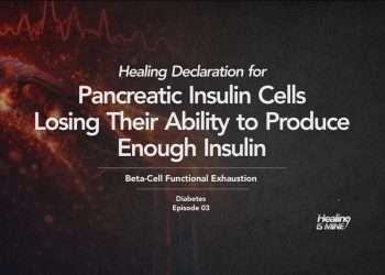 Microscopic glowing blood vessel structure with red cellular particles and waveform graphics illustrating Beta-Cell Functional Exhaustion