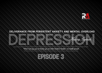 Deliverance from Persistent Anxiety and Mental Overload - Depression Healing Capsule by Riches Adejoro. The image features bold, transparent text with the word 'DEPRESSION' overlaid on a dark, textured carbon fiber background. Above the main title, the phrase 'Deliverance from Persistent Anxiety and Mental Overload' is displayed. Below the main title, a healing declaration reads: 'When God says you are healed, you are either healed or healed—no middle ground.' The background complements the message of faith-based healing for depression and its mental challenges.