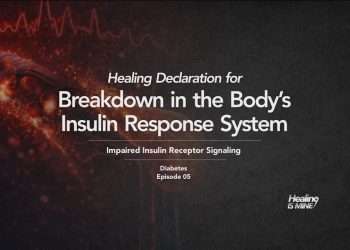 Microscopic glowing blood vessel structure with red cellular particles and waveform graphics illustrating Impaired Insulin Receptor Signaling