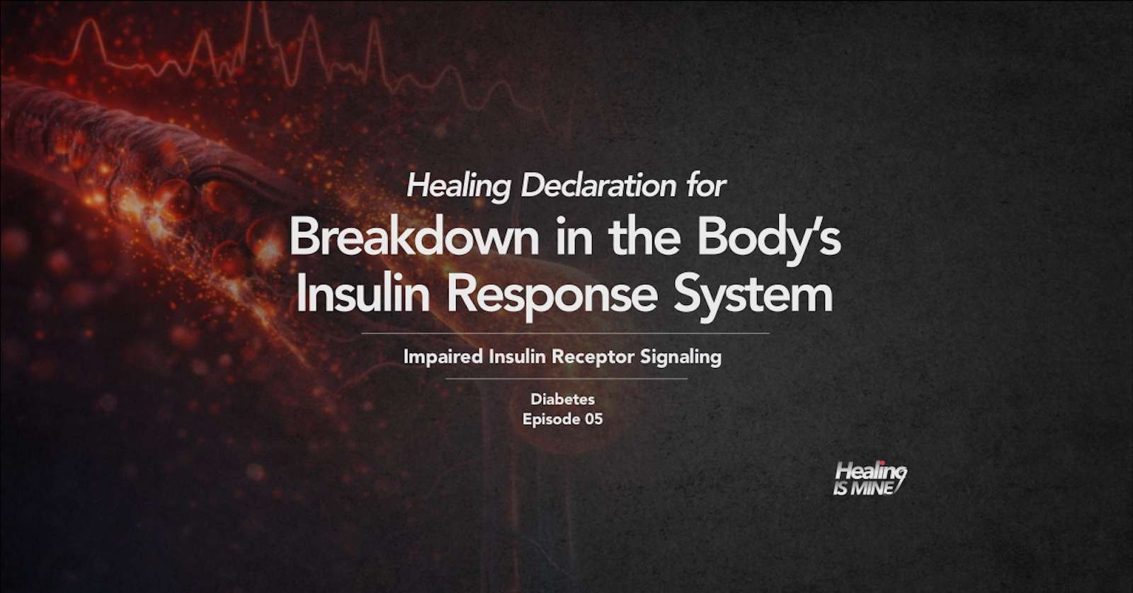 Microscopic glowing blood vessel structure with red cellular particles and waveform graphics illustrating Impaired Insulin Receptor Signaling