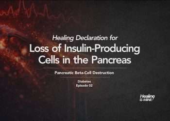 Microscopic glowing blood vessel structure with red cellular particles and waveform graphics illustrating Pancreatic Beta-Cell Destruction