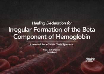 Illustration of red blood cells in a blood vessel with the title “Abnormal Beta-Globin Chain Synthesis (Irregular Formation of the Beta Component of Hemoglobin).”
