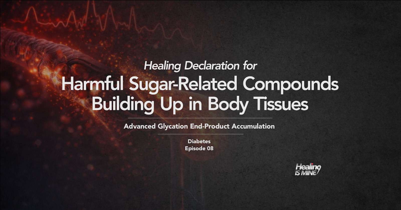 Microscopic glowing blood vessel structure with red cellular particles and waveform graphics illustrating Advanced Glycation End-Product Accumulation