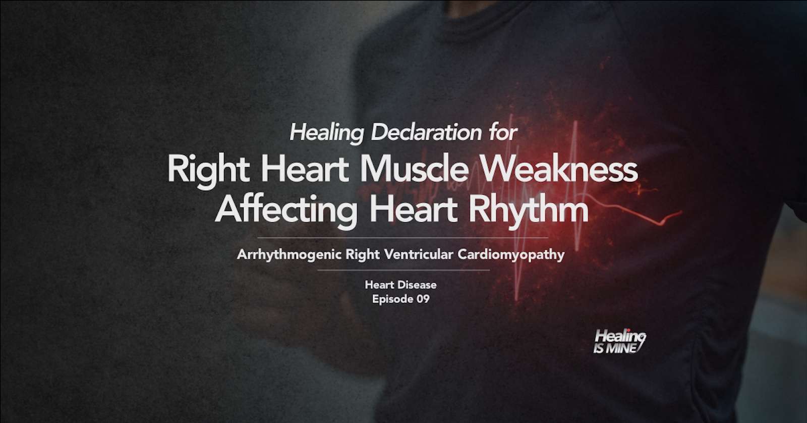 Upper torso of a person in a dark shirt with glowing red heart graphic and ECG waveform over the chest area illustrating Arrhythmogenic Right Ventricular Cardiomyopathy