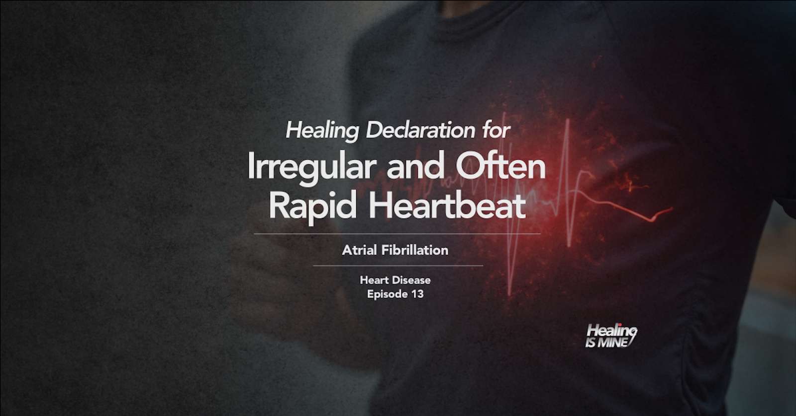 Upper torso of a person in a dark shirt with glowing red heart graphic and ECG waveform over the chest area illustrating Atrial Fibrillation