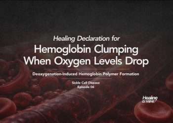 Illustration of red blood cells in a blood vessel with the title “Deoxygenation-Induced Hemoglobin Polymer Formation (Hemoglobin Clumping When Oxygen Levels Drop).”