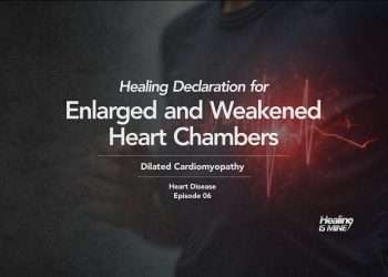 Upper torso of a person in a dark shirt with glowing red heart graphic and ECG waveform over the chest area illustrating Dilated Cardiomyopathy