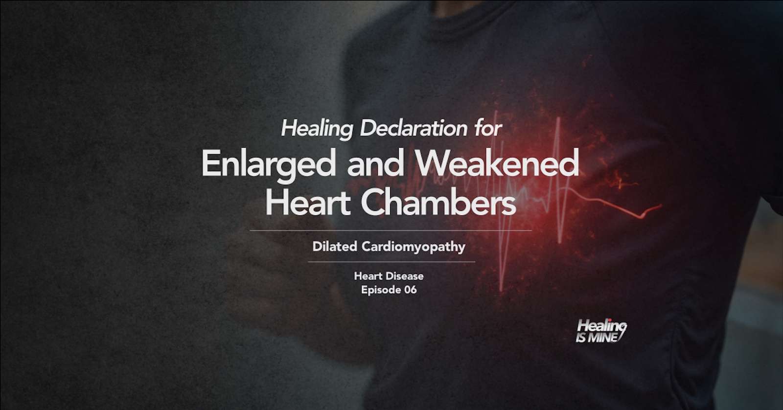 Upper torso of a person in a dark shirt with glowing red heart graphic and ECG waveform over the chest area illustrating Dilated Cardiomyopathy