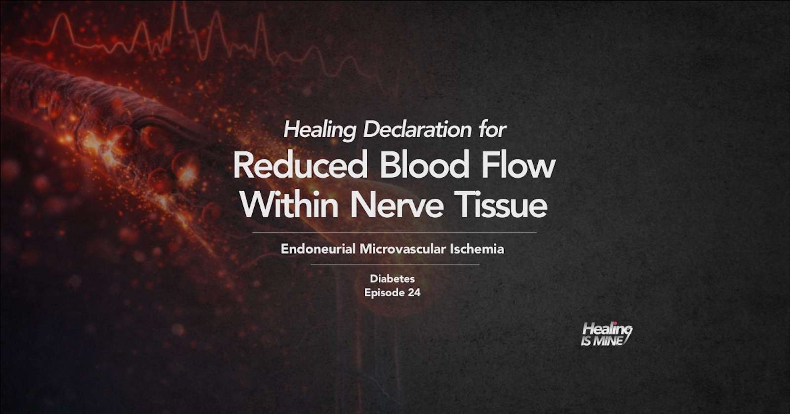 Microscopic glowing blood vessel structure with red cellular particles and waveform graphics illustrating Endoneurial Microvascular Ischemia