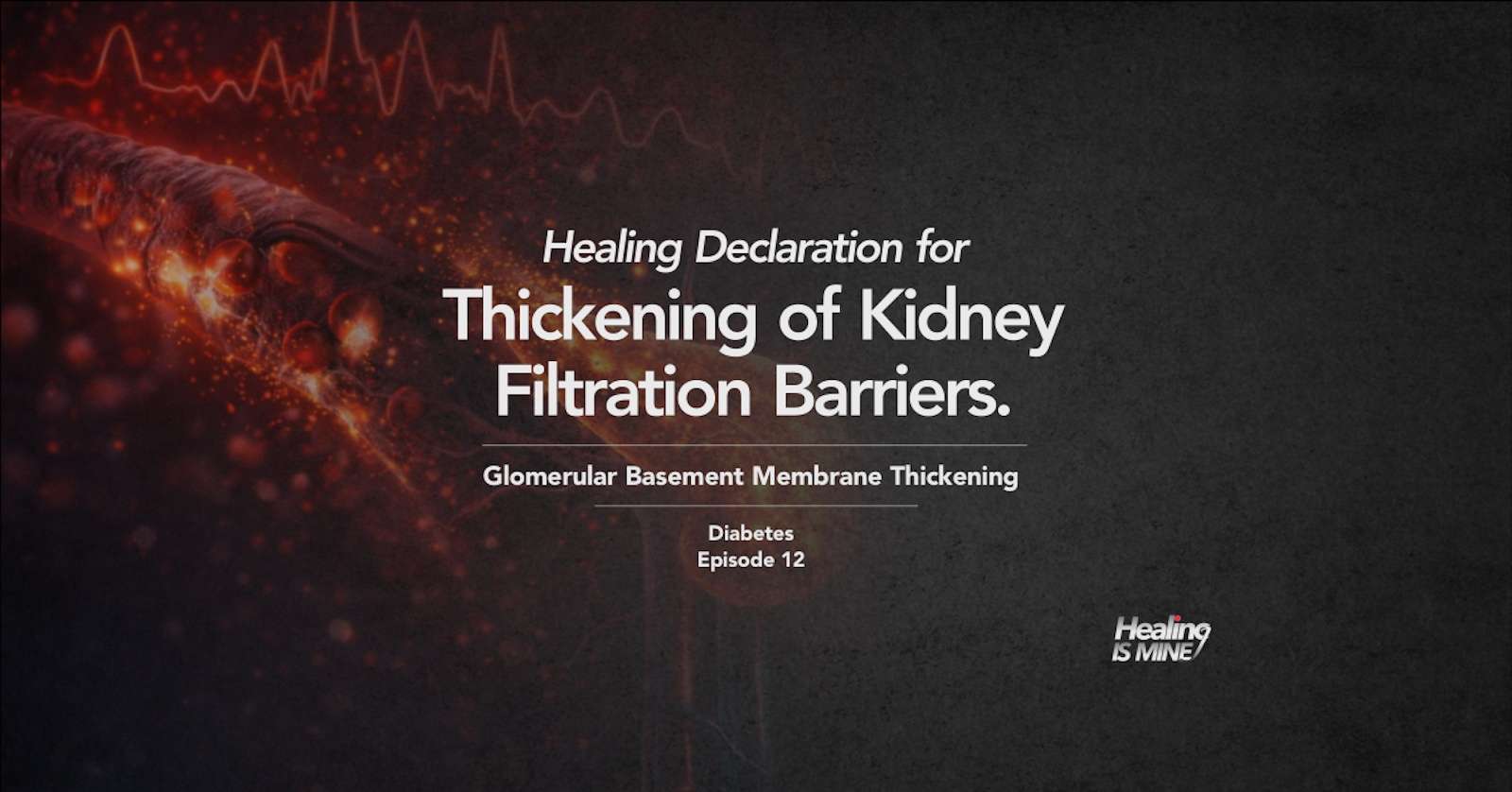 Microscopic glowing blood vessel structure with red cellular particles and waveform graphics illustrating Glomerular Basement Membrane Thickening