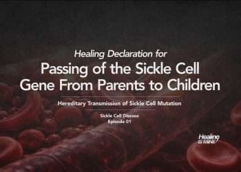 Illustration of red blood cells in a blood vessel with the title “Hereditary Transmission of Sickle Cell Mutation (Passing of the Sickle Cell Gene From Parents to Children).”