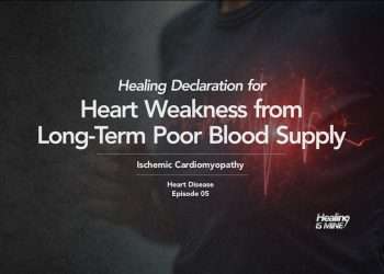 Upper torso of a person in a dark shirt with glowing red heart graphic and ECG waveform over the chest area illustrating Ischemic Cardiomyopathy