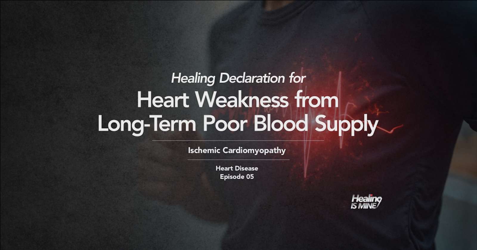 Upper torso of a person in a dark shirt with glowing red heart graphic and ECG waveform over the chest area illustrating Ischemic Cardiomyopathy