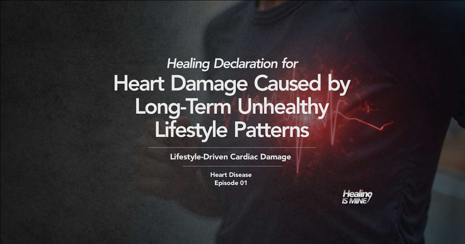 Upper torso of a person in a dark shirt with glowing red heart graphic and ECG waveform over the chest area illustrating Lifestyle-Driven Cardiac Damage