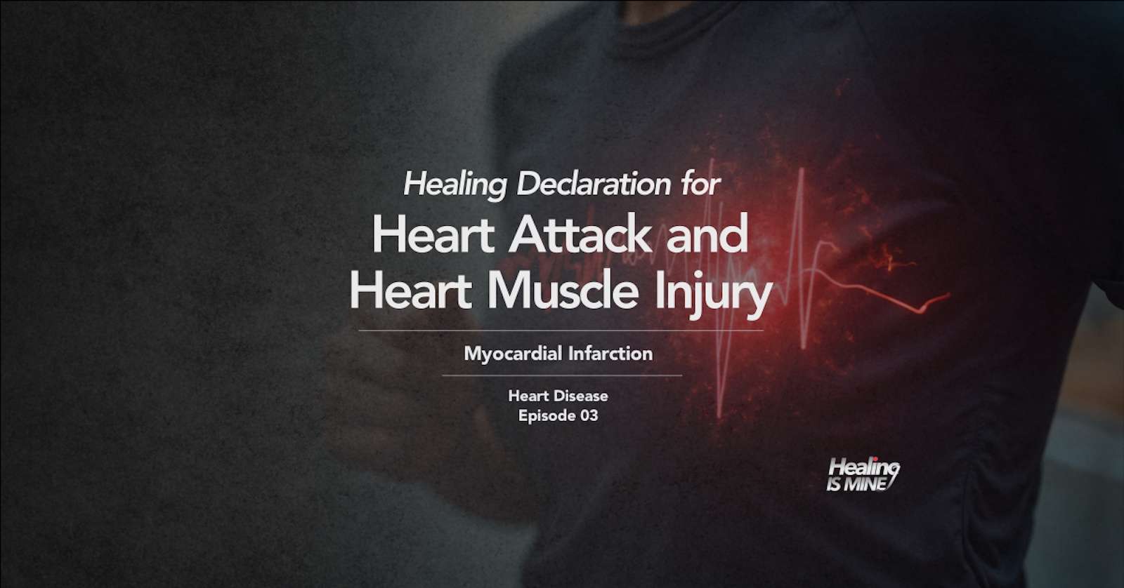 Upper torso of a person in a dark shirt with glowing red heart graphic and ECG waveform over the chest area illustrating Myocardial Infarction