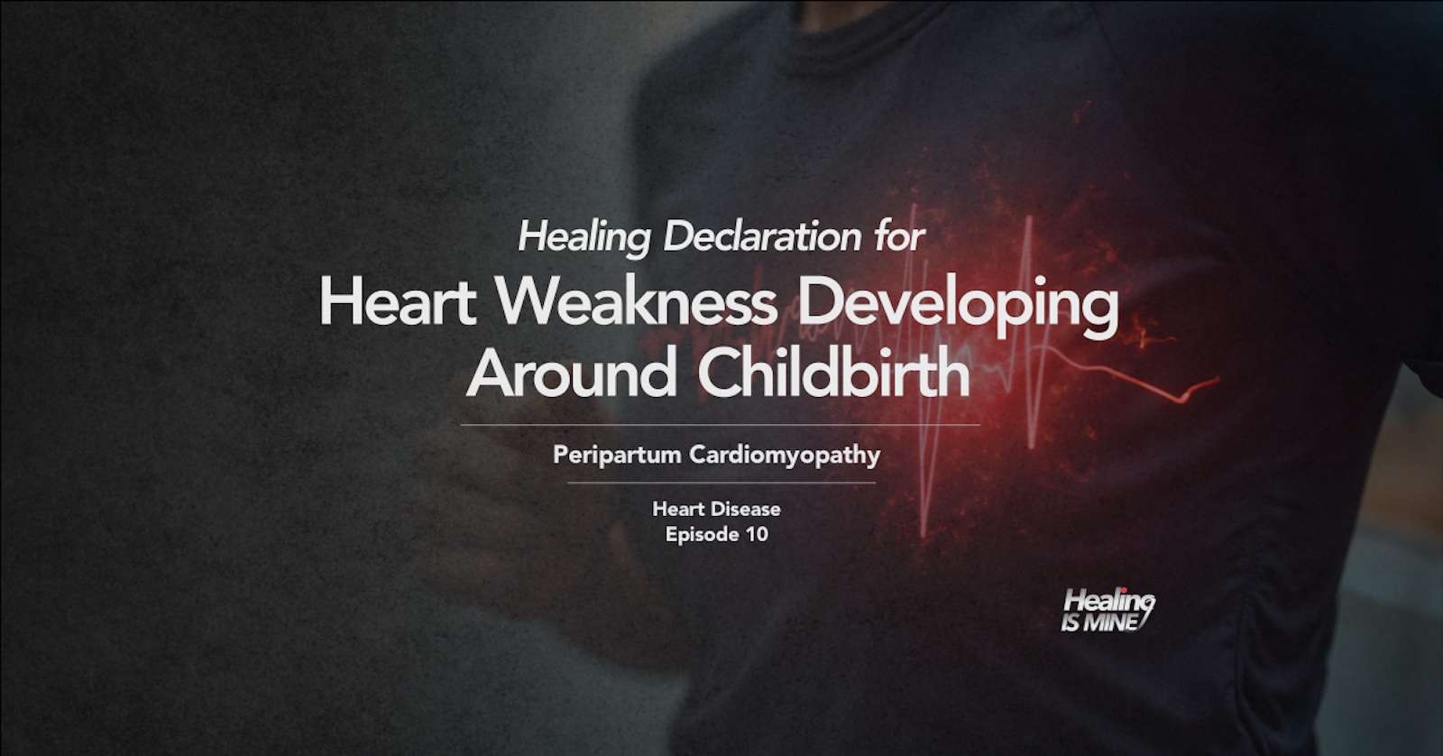 Upper torso of a person in a dark shirt with glowing red heart graphic and ECG waveform over the chest area illustrating Peripartum Cardiomyopathy