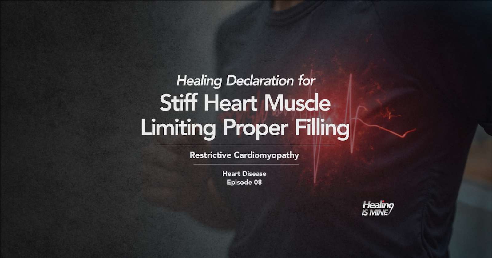 Upper torso of a person in a dark shirt with glowing red heart graphic and ECG waveform over the chest area illustrating Restrictive Cardiomyopathy