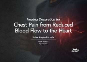 Upper torso of a person in a dark shirt with glowing red heart graphic and ECG waveform over the chest area illustrating Stable Angina Pectoris