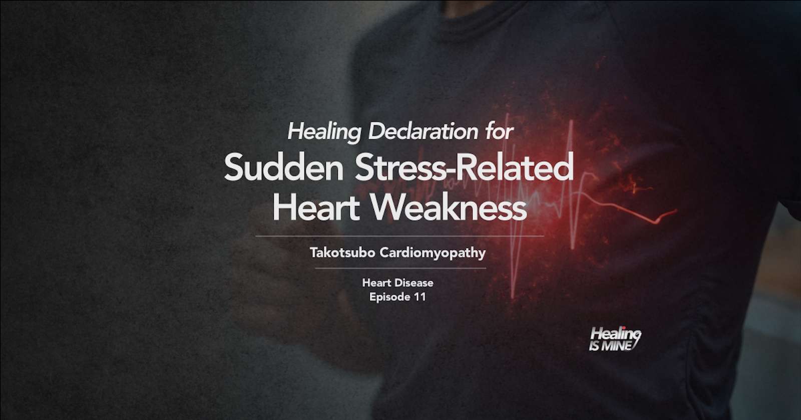 Upper torso of a person in a dark shirt with glowing red heart graphic and ECG waveform over the chest area illustrating Takotsubo Cardiomyopathy