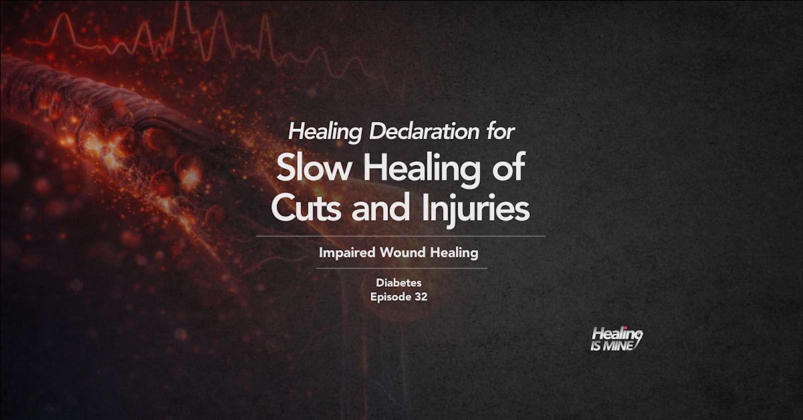 Microscopic glowing blood vessel structure with red cellular particles and waveform graphics illustrating Impaired Wound Healing