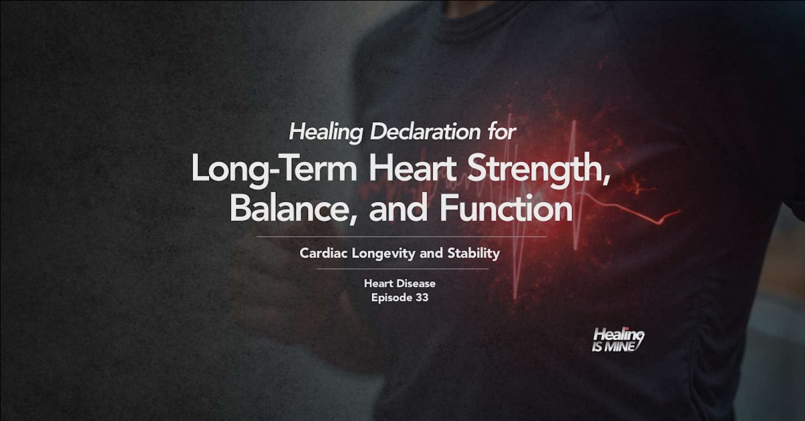 Upper torso of a person in a dark shirt with glowing red heart graphic and ECG waveform over the chest area illustrating Cardiac Longevity and Stability