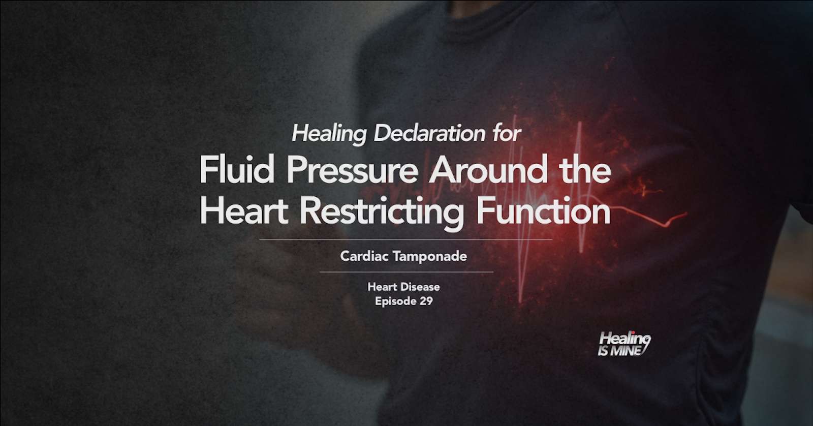 Upper torso of a person in a dark shirt with glowing red heart graphic and ECG waveform over the chest area illustrating Cardiac Tamponade