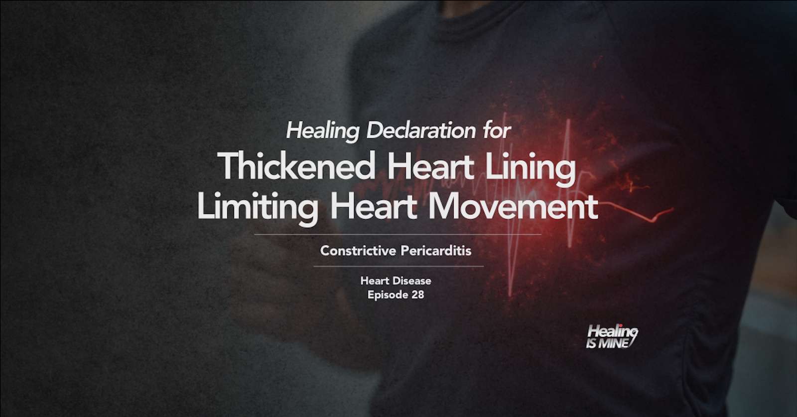 Upper torso of a person in a dark shirt with glowing red heart graphic and ECG waveform over the chest area illustrating Constrictive Pericarditis