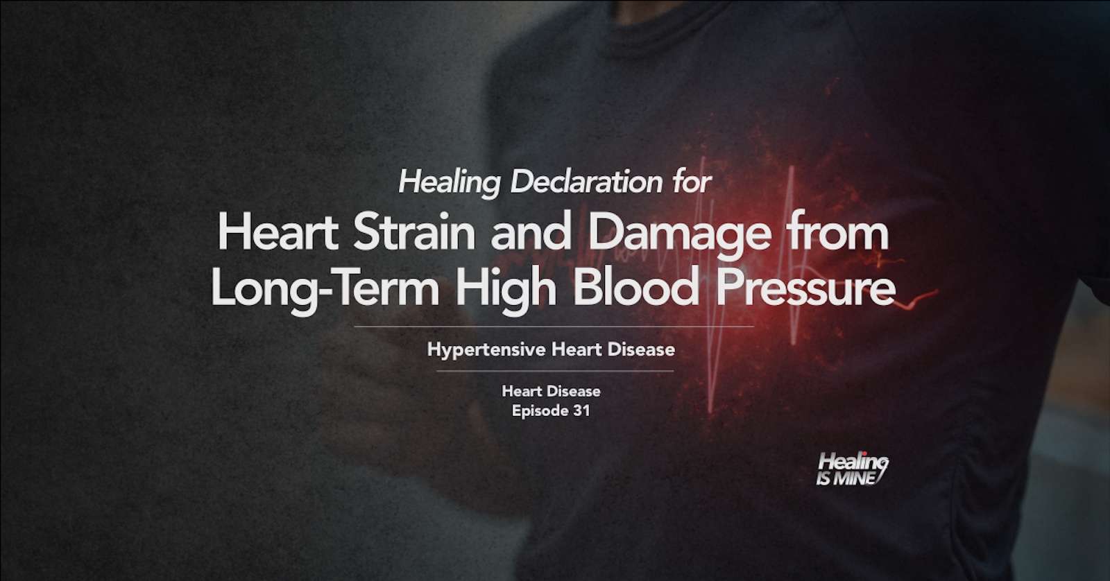Upper torso of a person in a dark shirt with glowing red heart graphic and ECG waveform over the chest area illustrating Hypertensive Heart Disease