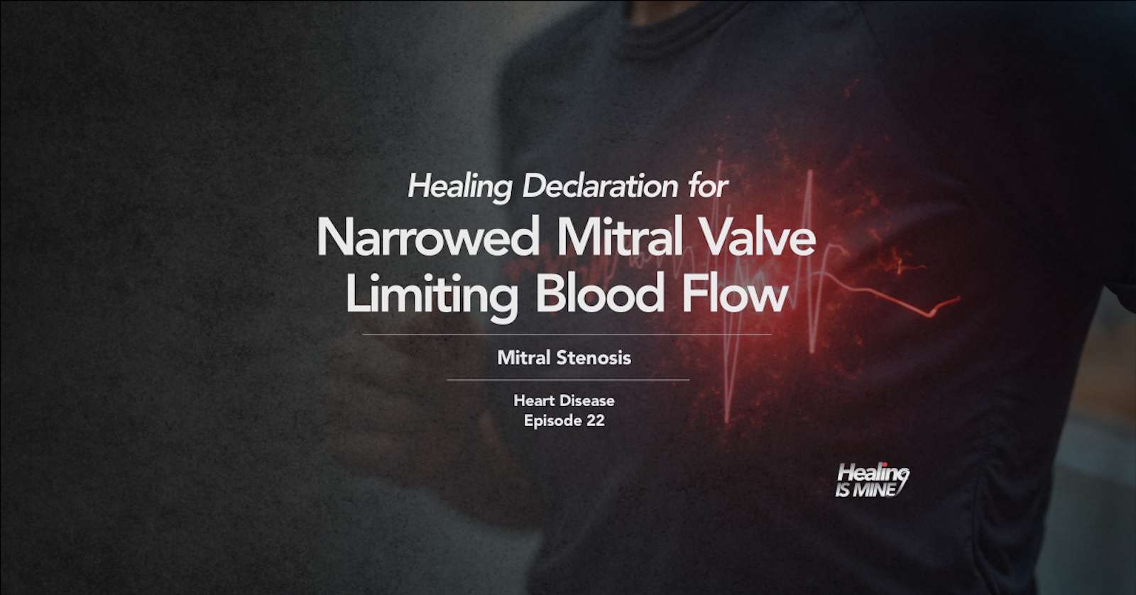 Upper torso of a person in a dark shirt with glowing red heart graphic and ECG waveform over the chest area illustrating Mitral Stenosis