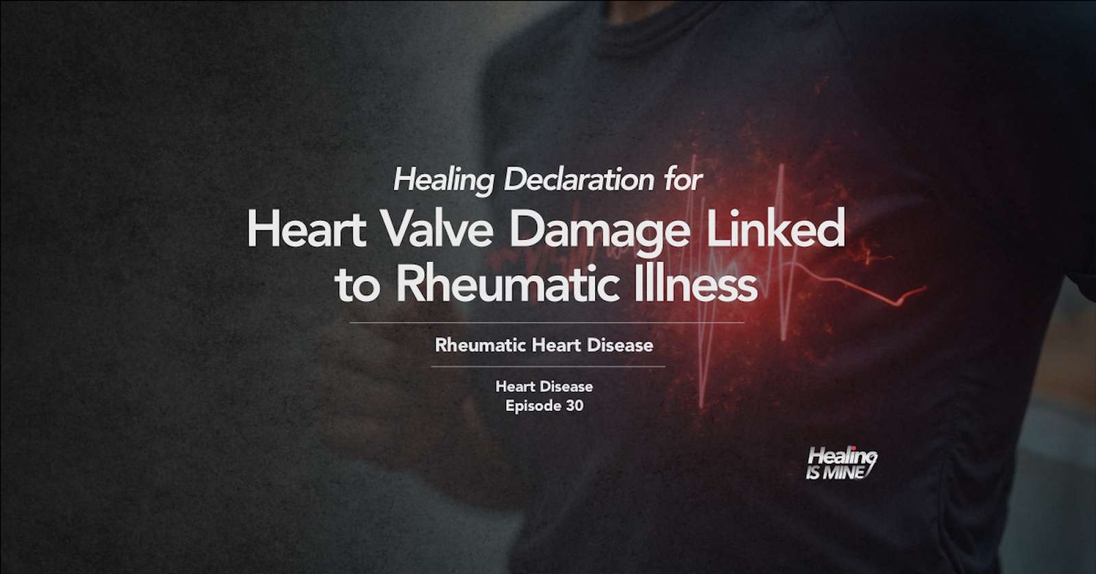Upper torso of a person in a dark shirt with glowing red heart graphic and ECG waveform over the chest area illustrating Rheumatic Heart Disease