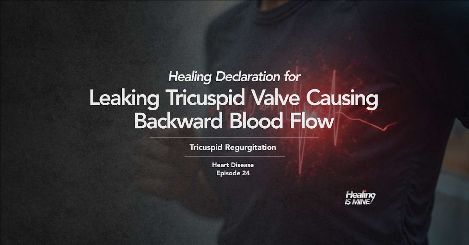 Upper torso of a person in a dark shirt with glowing red heart graphic and ECG waveform over the chest area illustrating Tricuspid Regurgitation