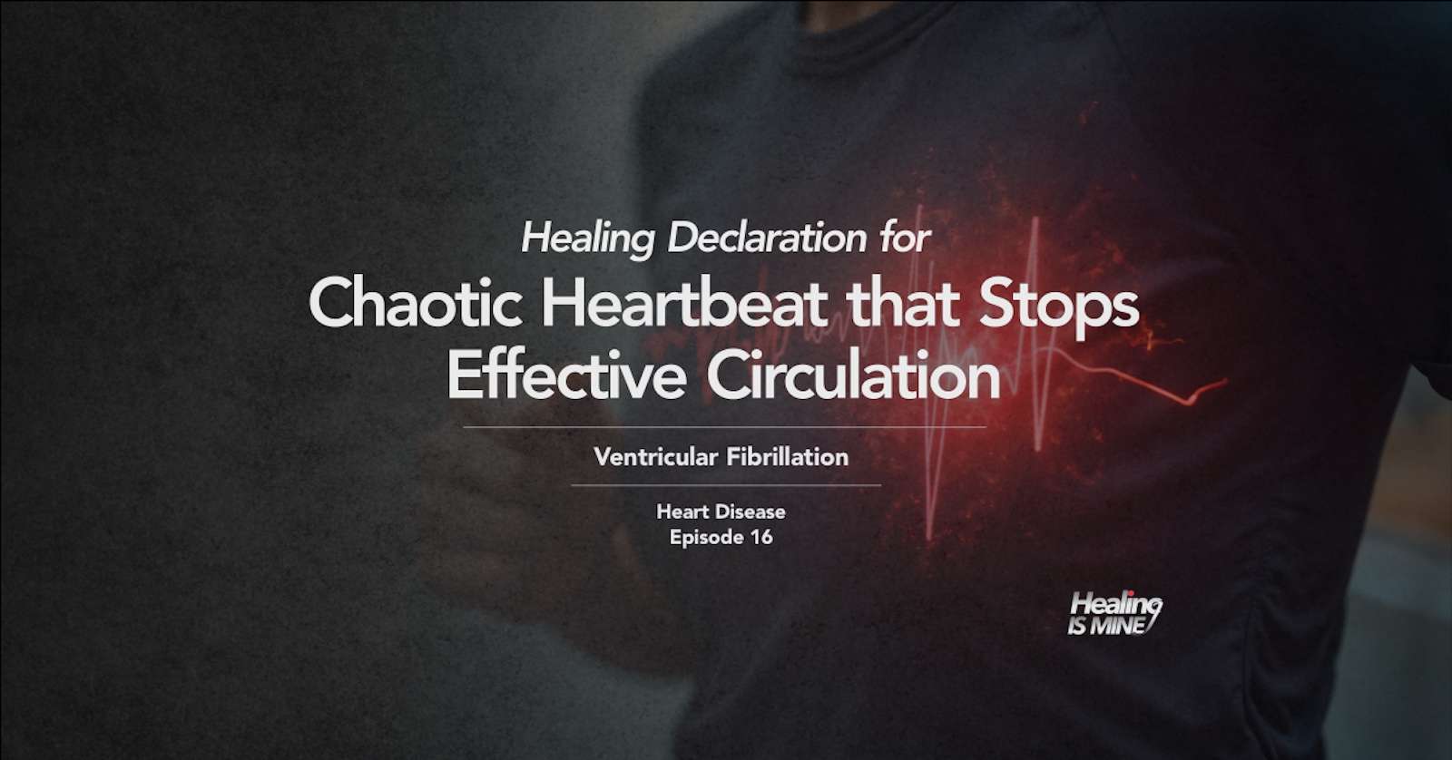 Upper torso of a person in a dark shirt with glowing red heart graphic and ECG waveform over the chest area illustrating Ventricular Fibrillation