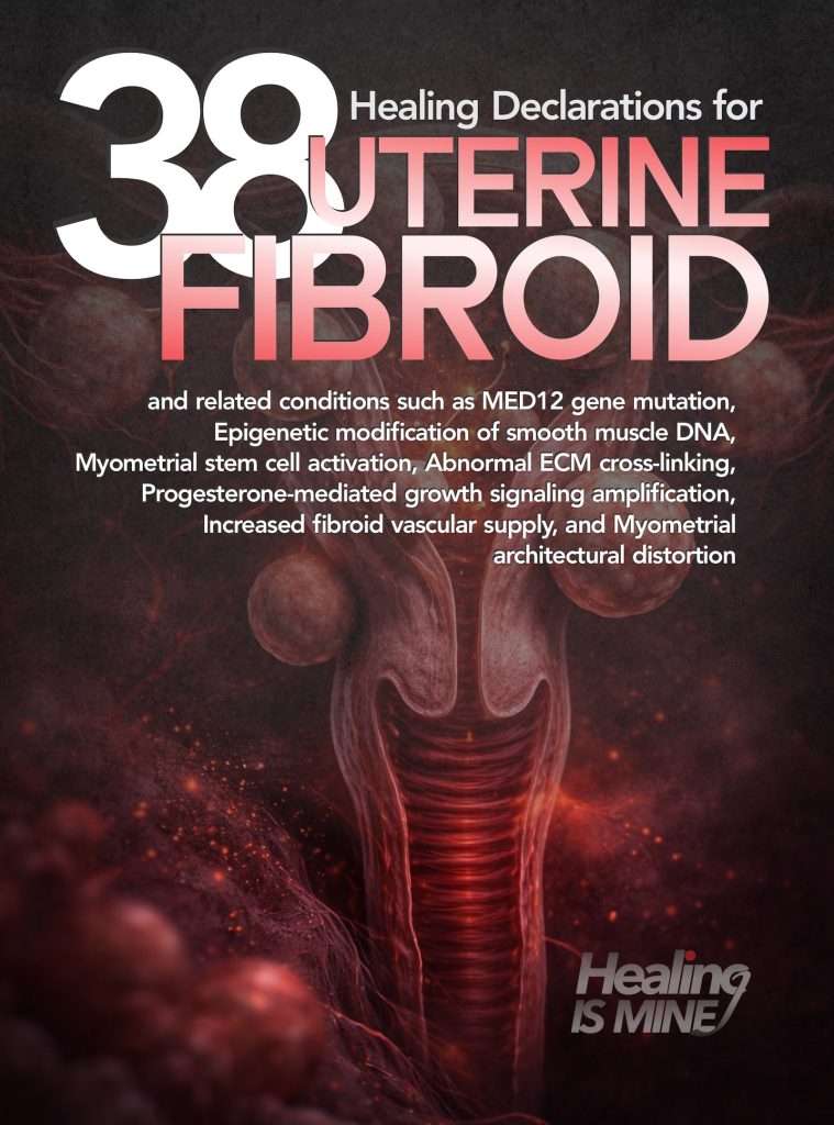 38 healing declarations for uterine fibroid addressing fibroid growth pathways, uterine structure, and smooth muscle balance.