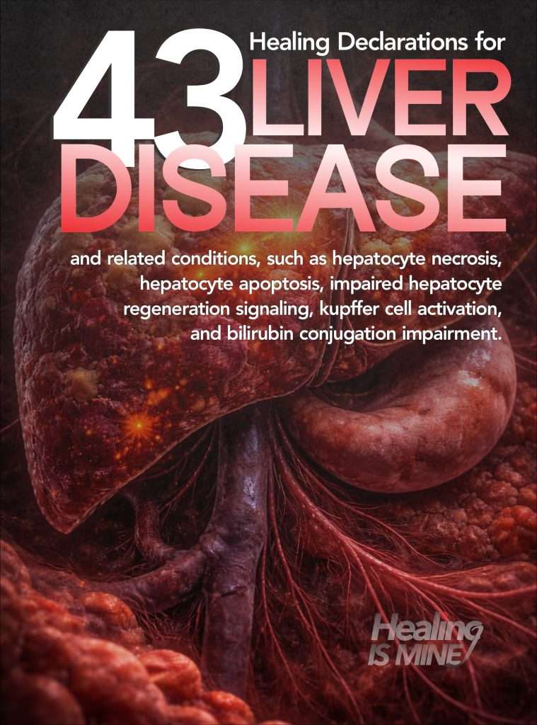 Illustration of a human liver with the title “43 Liver Disease – Healing Declarations for Liver Disease and Related Conditions, such as Hepatocyte Necrosis, Hepatocyte Apoptosis, Impaired Hepatocyte Regeneration Signaling, Kupffer Cell Activation, and Bilirubin Conjugation Impairment.”