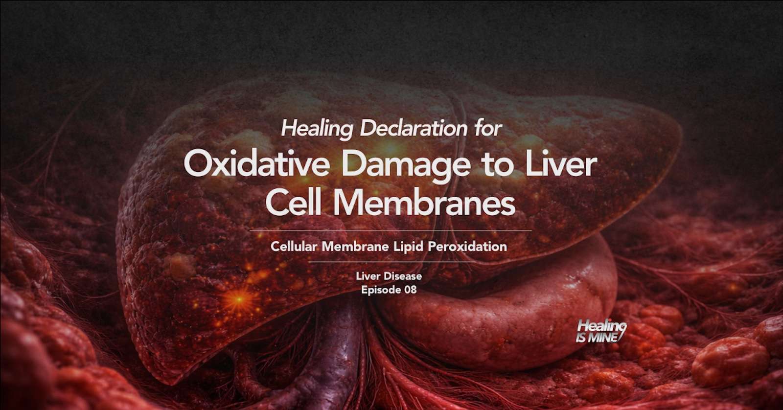 Illustration of liver tissue and hepatocyte membranes with the title “Oxidative Damage to Liver Cell Membranes (Cellular Membrane Lipid Peroxidation) – Liver Disease Episode 08.”
