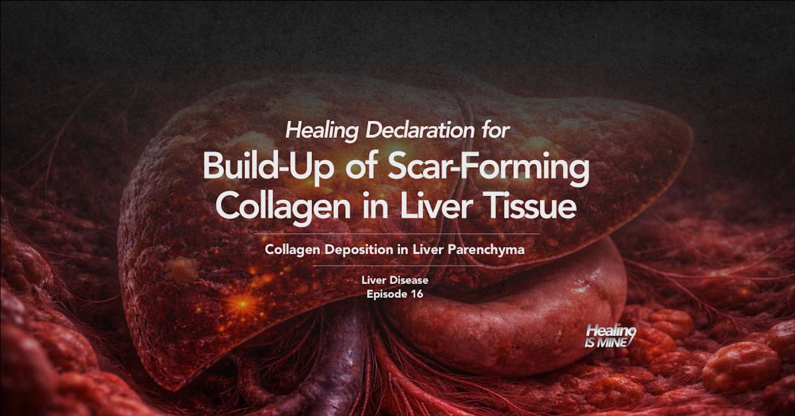 Illustration of liver tissue and collagen accumulation with the title “Build-Up of Scar-Forming Collagen in Liver Tissue (Collagen Deposition in Liver Parenchyma) – Liver Disease Episode 16.”