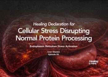 Illustration of a human liver with the title “Cellular Stress Disrupting Normal Protein Processing (Endoplasmic Reticulum Stress Activation) – Liver Disease Episode 05.”