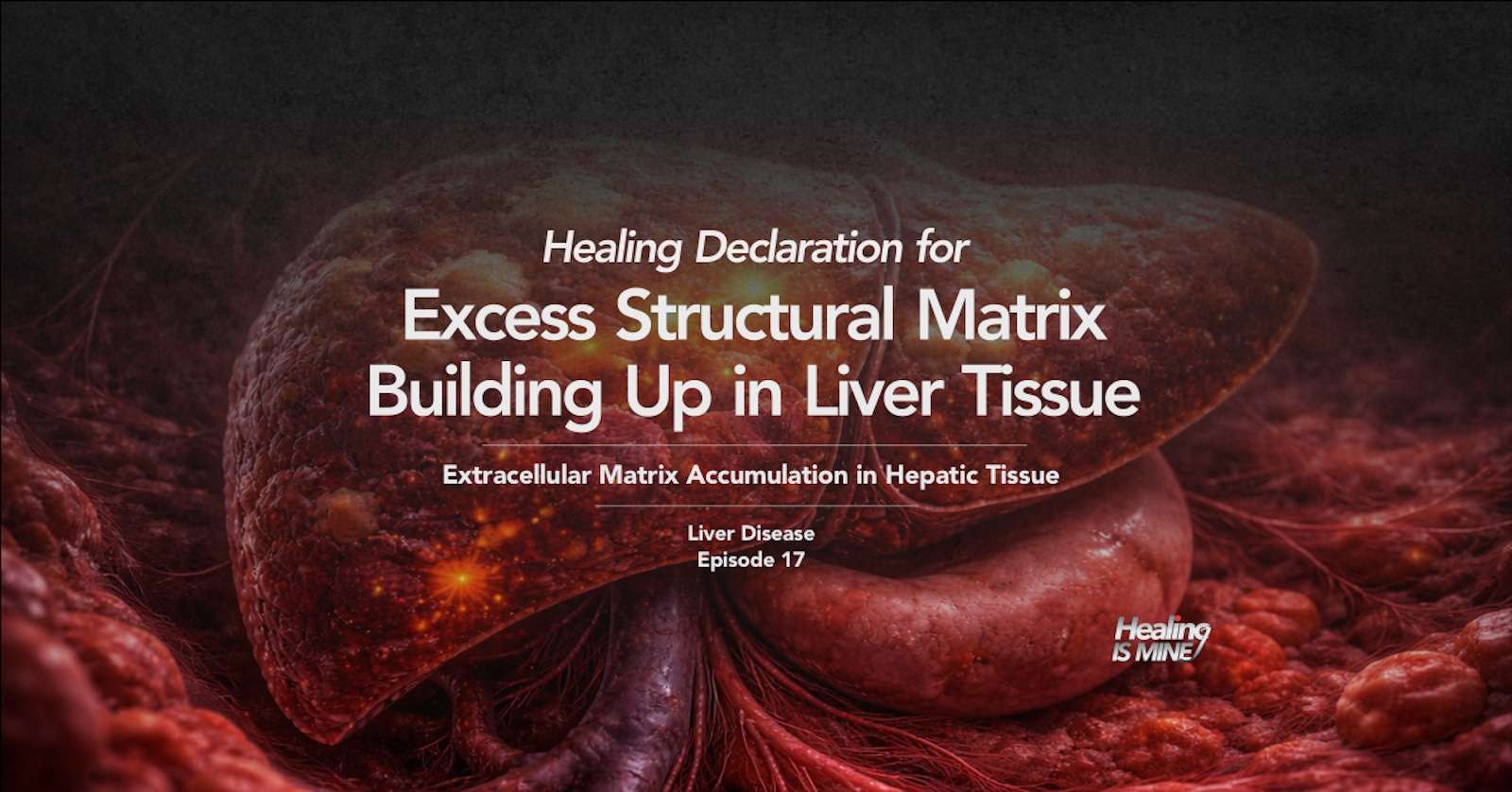 Illustration of liver tissue and extracellular matrix accumulation with the title “Excess Structural Matrix Building Up in Liver Tissue (Extracellular Matrix Accumulation in Hepatic Tissue) – Liver Disease Episode 17.”