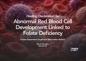 Illustration of red blood cells and blood components with the title “Abnormal Red Blood Cell Development Linked to Folate Deficiency (Folate-Dependent Erythroid Maturation Defect) – Blood Disorders Episode 05.”
