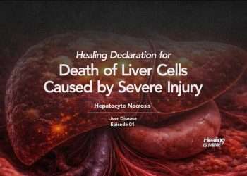 Illustration of a human liver with the title “Death of Liver Cells Caused by Severe Injury (Hepatocyte Necrosis) – Liver Disease Episode 01.”