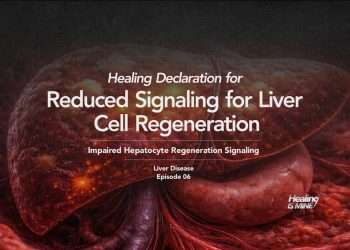 Illustration of liver tissue and hepatocytes with the title “Reduced Signaling for Liver Cell Regeneration (Impaired Hepatocyte Regeneration Signaling) – Liver Disease Episode 06.”