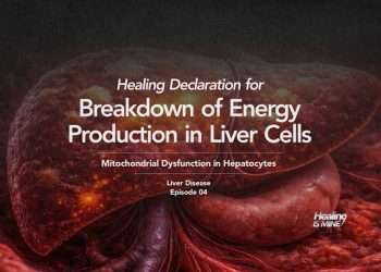 Illustration of a human liver with the title “Breakdown of Energy Production in Liver Cells (Mitochondrial Dysfunction in Hepatocytes) – Liver Disease Episode 04.”