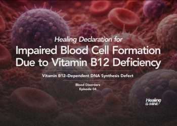 Illustration of red blood cells and blood components with the title “Impaired Blood Cell Formation Due to Vitamin B12 Deficiency (Vitamin B12–Dependent DNA Synthesis Defect) – Blood Disorders Episode 04.”
