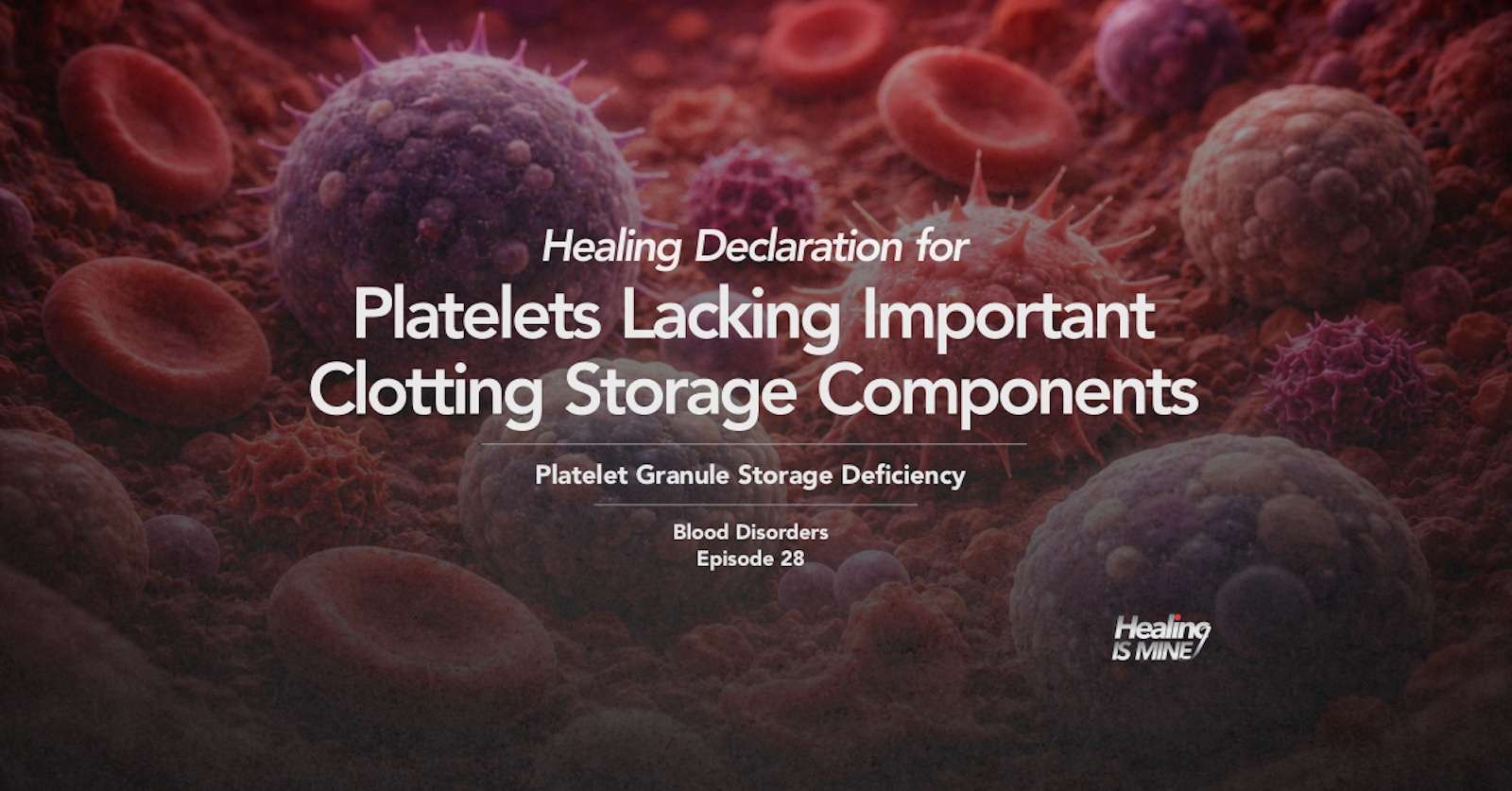 Illustration of blood cells highlighting platelets with reduced internal storage components, titled “Platelets Lacking Important Clotting Storage Components (Platelet Granule Storage Deficiency) – Blood Disorders Episode 28.”
